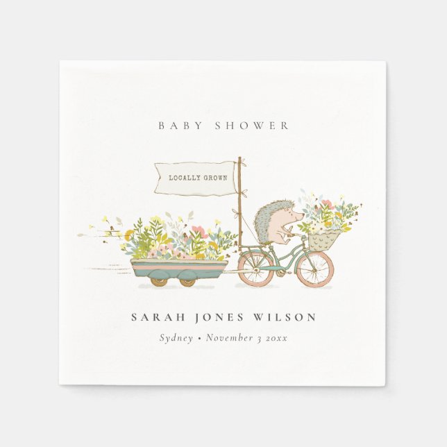 Cute Locally Grown Hedgehog Flora Bike Baby Shower Napkin (Front)