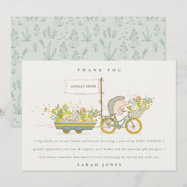 Cute Locally Grown Hedgehog Flora Bike Baby Shower Thank You Card (Front/Back)