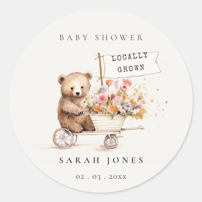 Cute Locally Grown Teddy Floral Cart Baby Shower Classic Round Sticker (Front)
