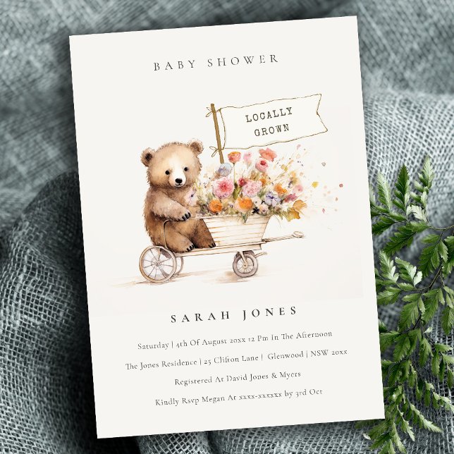 Cute Locally Grown Teddy Floral Cart Baby Shower Invitation (Creator Uploaded)