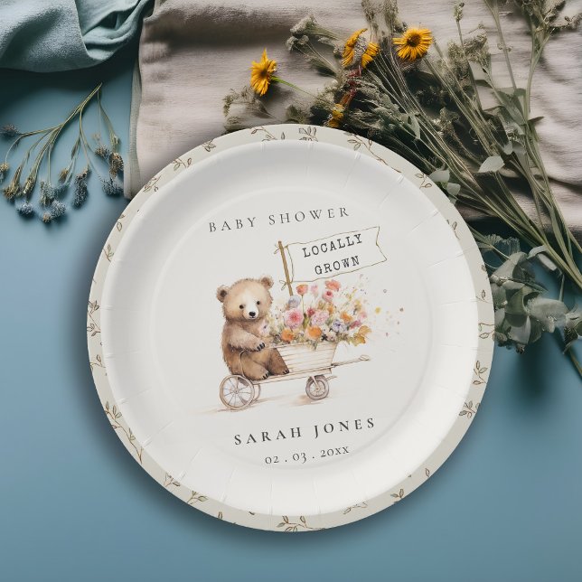 Cute Locally Grown Teddy Floral Cart Baby Shower Paper Plate (Creator Uploaded)