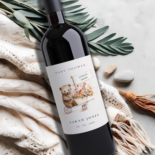 Cute Locally Grown Teddy Floral Cart Baby Shower Wine Label (Creator Uploaded)
