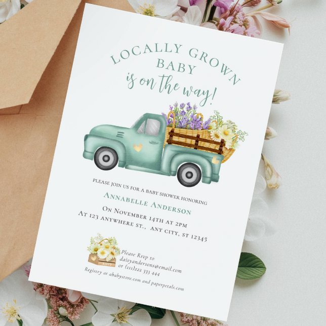 Cute Locally Grown watercolor Neutral Baby Shower Invitation (Cute Locally Grown watercolor Baby Shower Invitation)