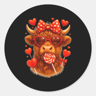 Cute Lollip Highland Cow Valentine's Day Red Heart Classic Round Sticker