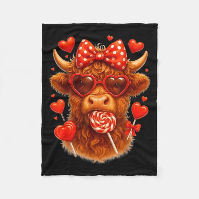 Cute Lollip Highland Cow Valentine's Day Red Heart Fleece Blanket (Front)