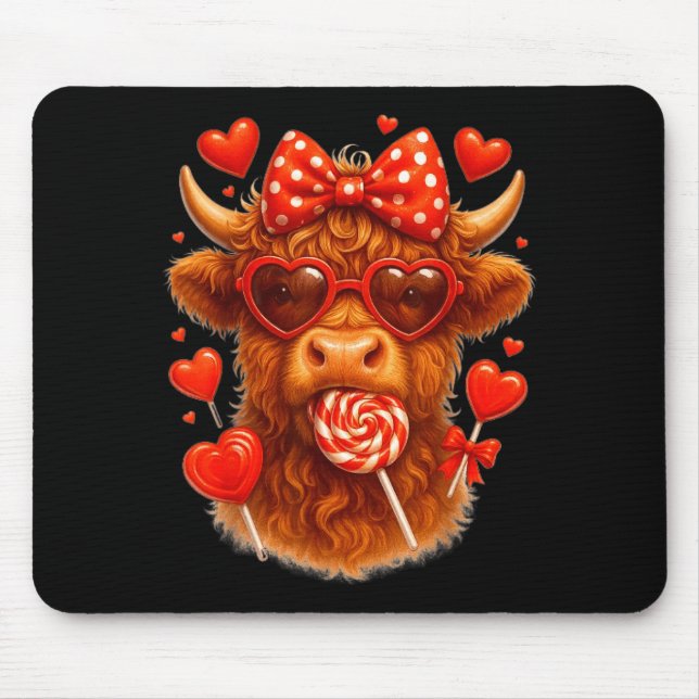 Cute Lollip Highland Cow Valentine's Day Red Heart Mouse Mat (Front)
