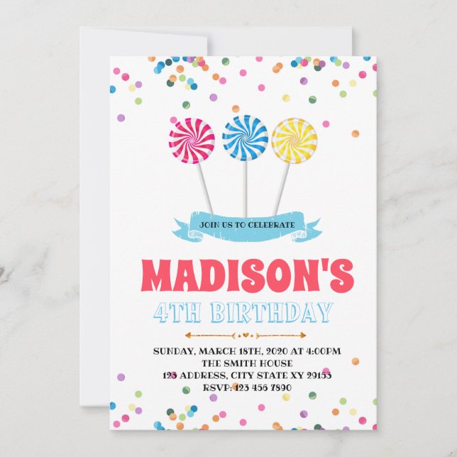 Cute lollipop birthday party invitation (Front)