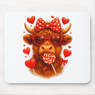 Cute Lollipop Highland Cow Valentines Day Red Hear Mouse Mat