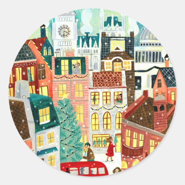 Cute London City in the Snow Christmas Holiday Classic Round Sticker (Front)
