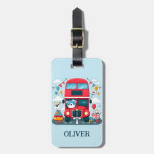 Cute London Double Deck Bus and Teddy Bear Luggage Tag