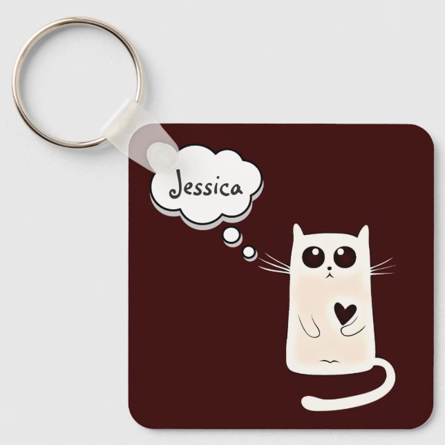 Cute Lonely Hearts Cat Personalised Key Ring (Front)