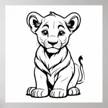 Cute Lonely White Lion Cub Line Art Drawing