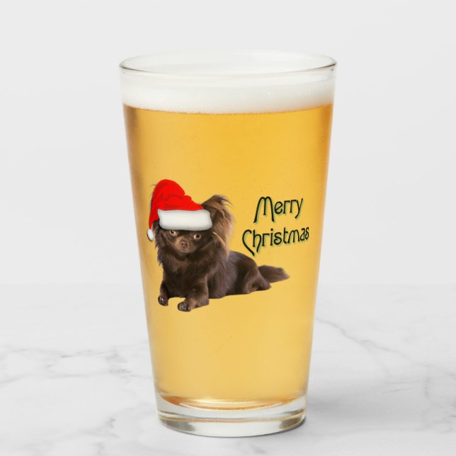 Cute Long Hair Chocolate Chihuahua Christmas Glass (Front Filled)