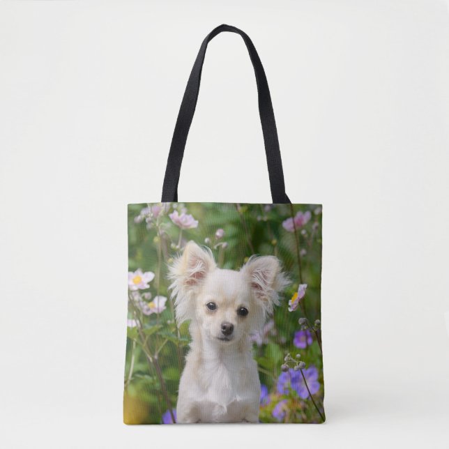 Cute long-haired cream Chihuahua Dog Puppy Shopper Tote Bag (Front)