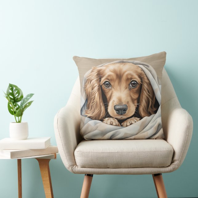 CUTE LONG HAIRED DACHSHUND PUPPY UNDER BLANKET CUSHION (Chair)