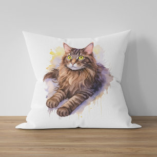 Cute Long Haired Tabby Cat Watercolor Illustration Cushion