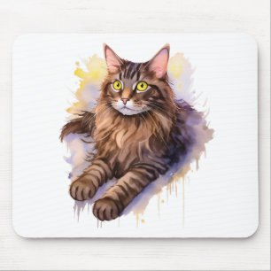 Cute Long Haired Tabby Cat Watercolor Illustration Mouse Mat