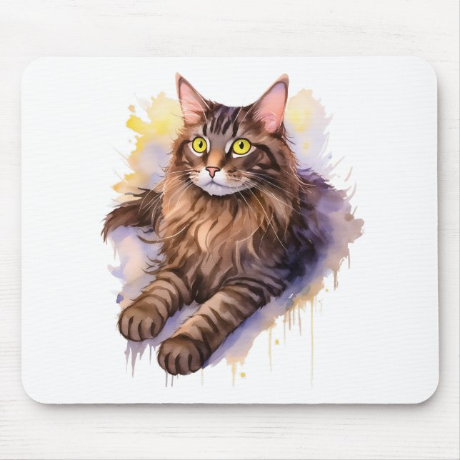Cute Long Haired Tabby Cat Watercolor Illustration Mouse Mat (Front)