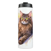 Cute Long Haired Tabby Cat Watercolor Illustration