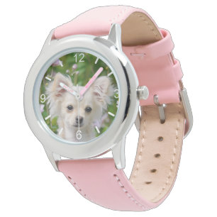 Cute longhair cream Chihuahua Dog Puppy dial-plate Watch