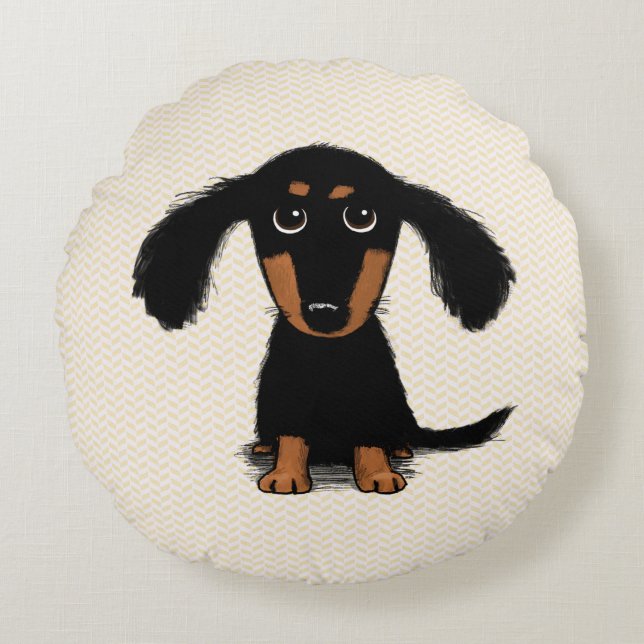 Cute Longhaired Black and Tan Dachshund Puppy Dog Round Cushion (Front)
