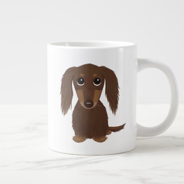 Cute Longhaired Chocolate Brown Dachshund Dog Large Coffee Mug (Right)