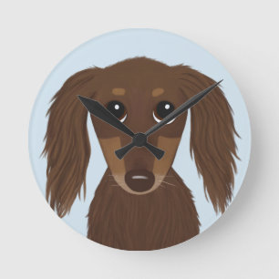 Cute Longhaired Chocolate Brown Dachshund Dog Round Clock