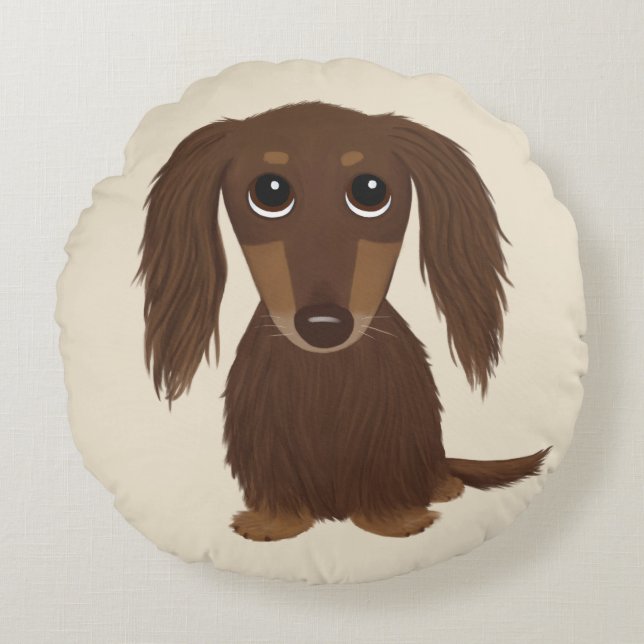 Cute Longhaired Chocolate Brown Dachshund Dog Round Cushion (Front)