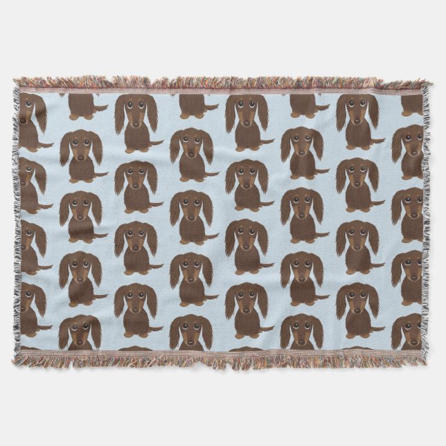 Cute Longhaired Chocolate Brown Dachshund Pattern Throw Blanket (Front)
