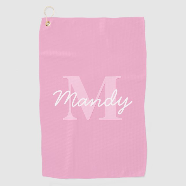 Cute Looking Cursive Name & Monogram | Pink Golf Towel (Front)