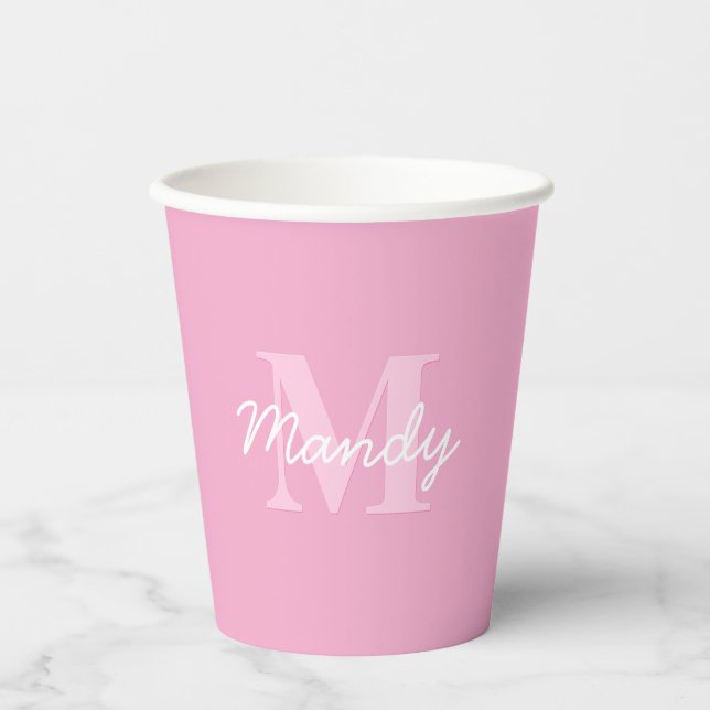 Cute Looking Cursive Name & Monogram | Pink Paper Cups (Front)