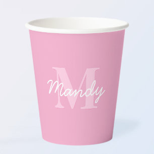 Cute Looking Cursive Name & Monogram   Pink Paper Cups
