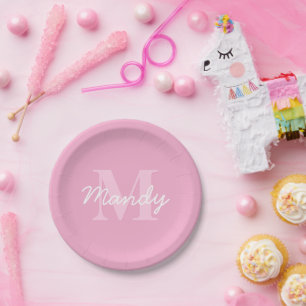 Cute Looking Cursive Name & Monogram Pink Paper Plate