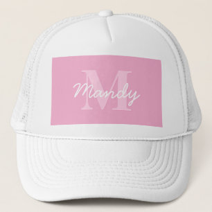 Cute Looking Cursive Name & Monogram   Pink Trucker Hat