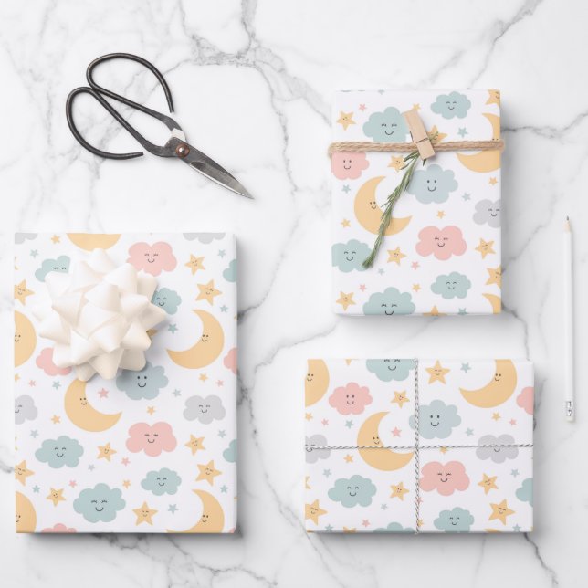 Cute Looking  in the Sky Pattern Wrapping Paper Sheet (Front)