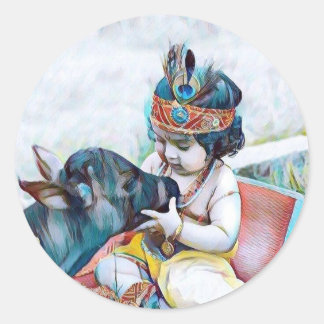 cute lord krishna with cow classic round sticker