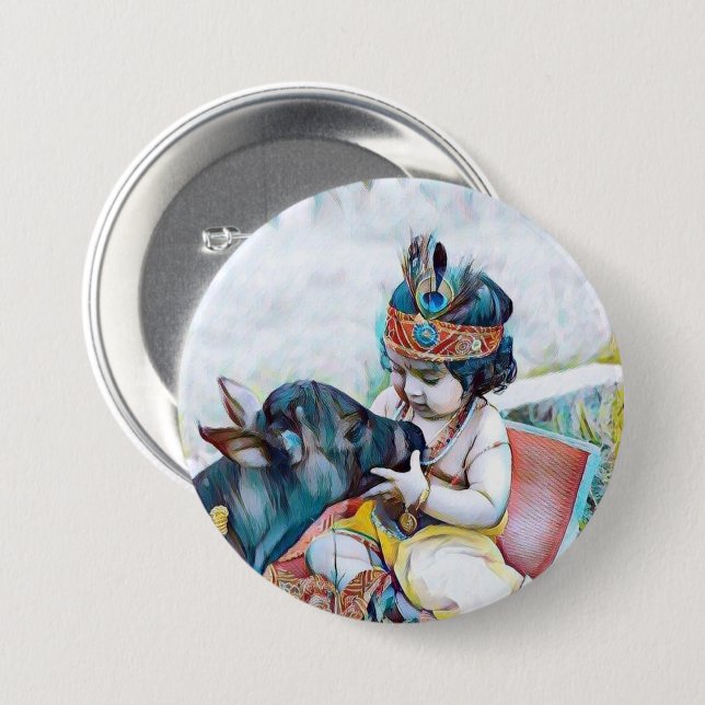 cute lord krishna with cow classic round sticker 7.5 cm round badge (Front & Back)