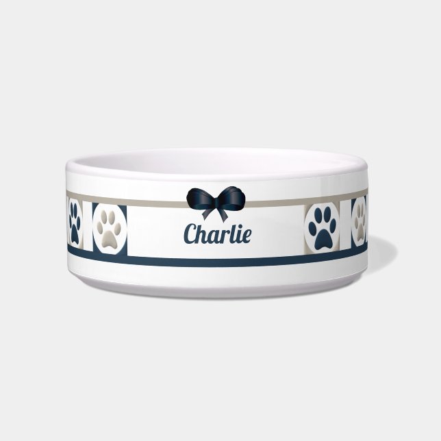 Cute Lots of Paws & Bow - Monogrammed Dog Bowl (Front)