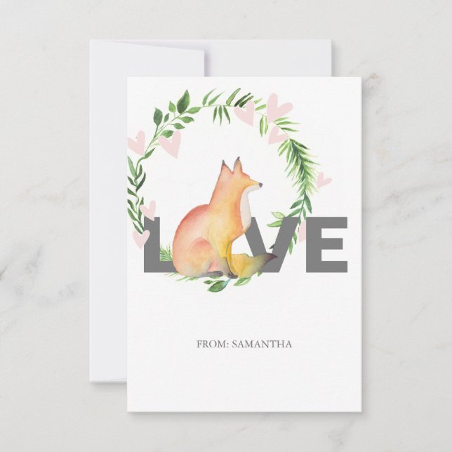 Cute Love and Fox Kids Classroom Valentine Card (Front)