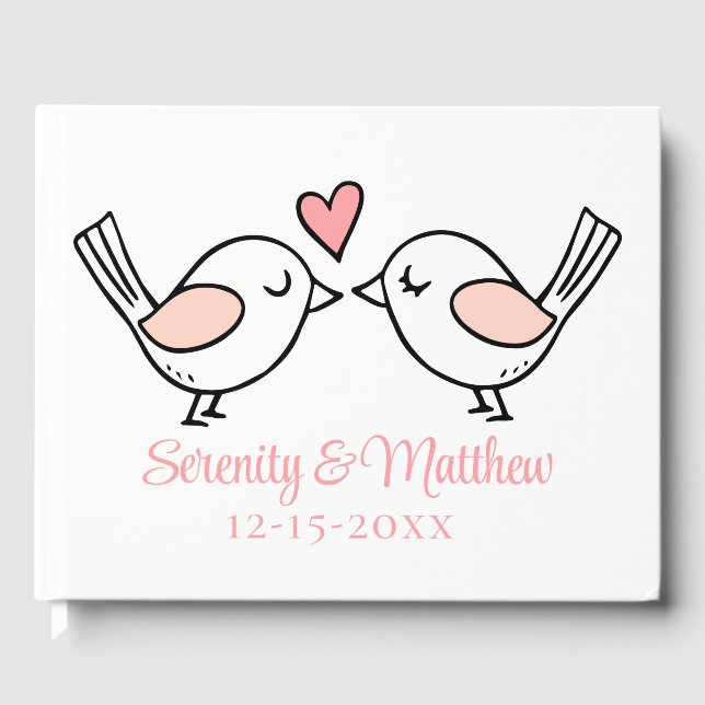 Cute Love Bird Cartoon Lovebirds Pink Wedding Guest Book (Front)