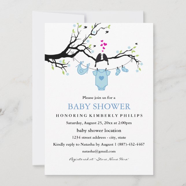 Cute Love Birds Boy Baby Shower Invitation (Front)
