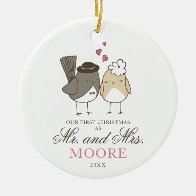 Cute Love Birds Cartoon Mr and Mrs Personalised Ceramic Tree Decoration (Front)