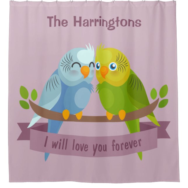 Cute Love Birds custom name shower curtain (Front)