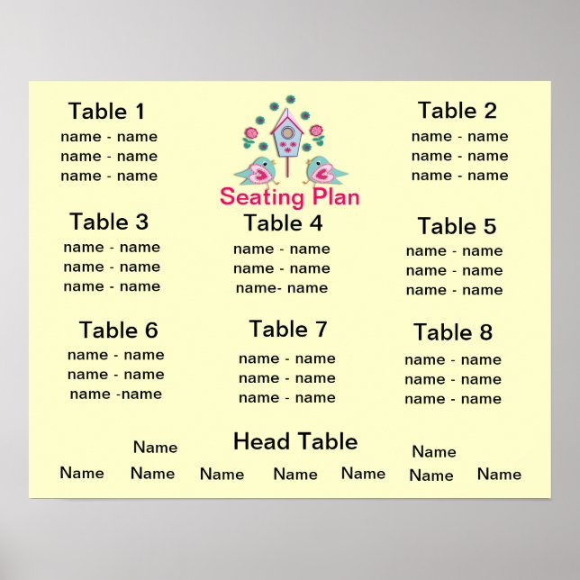 Cute Love Birds Flowers Pink Teal Seating Plan Poster (Front)