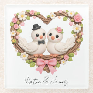 Cute Love Birds in Heart-Shaped Floral Wreath Glass Coaster