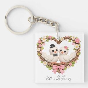 Cute Love Birds in Heart-Shaped Floral Wreath Key Ring