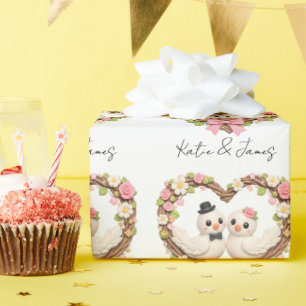 Cute Love Birds in Heart-Shaped Floral Wreath Wrapping Paper