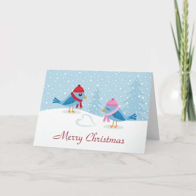 Cute love birds in the snow merry christmas card (Front)