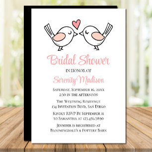 Cute Love Birds Lovebird Pink Black Bridal Shower Invitation