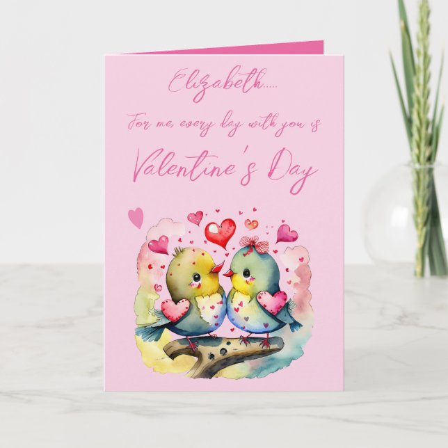 Cute love birds name pink Valentine's Day Card (Front)